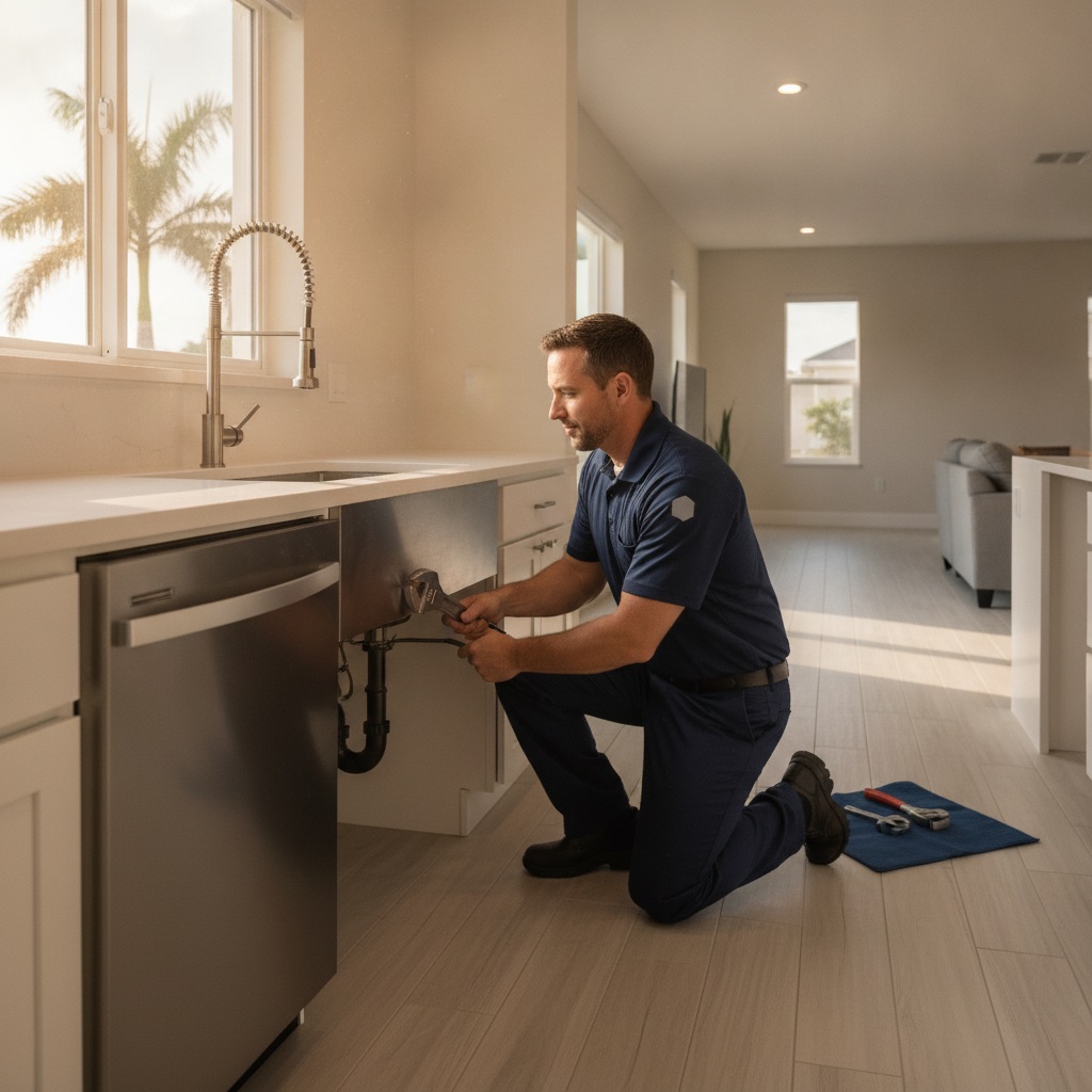 Licensed plumber repairing a kitchen sink in an Ocala, FL home